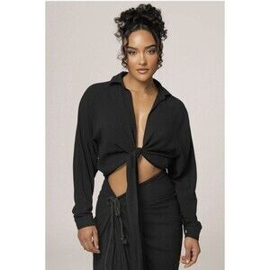 Jluxlabel Womens Soho Front Tied Long Sleeve Black Linen Blend Woven Top Medium